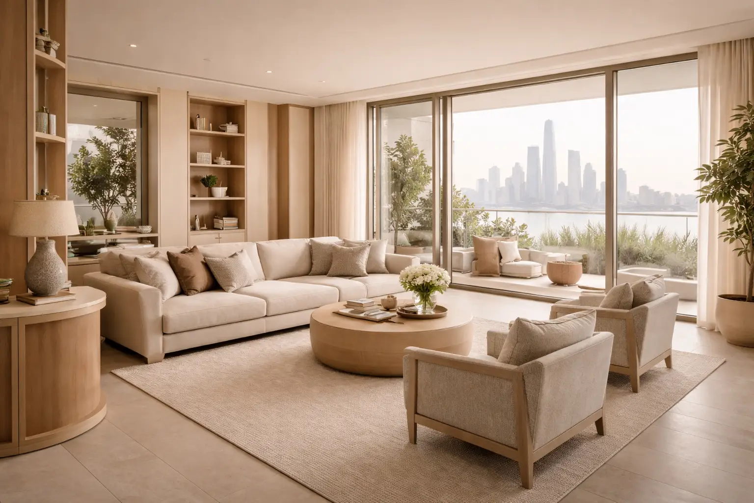Elegant apartment interior in Abu Dhabi with modern living room and skyline view