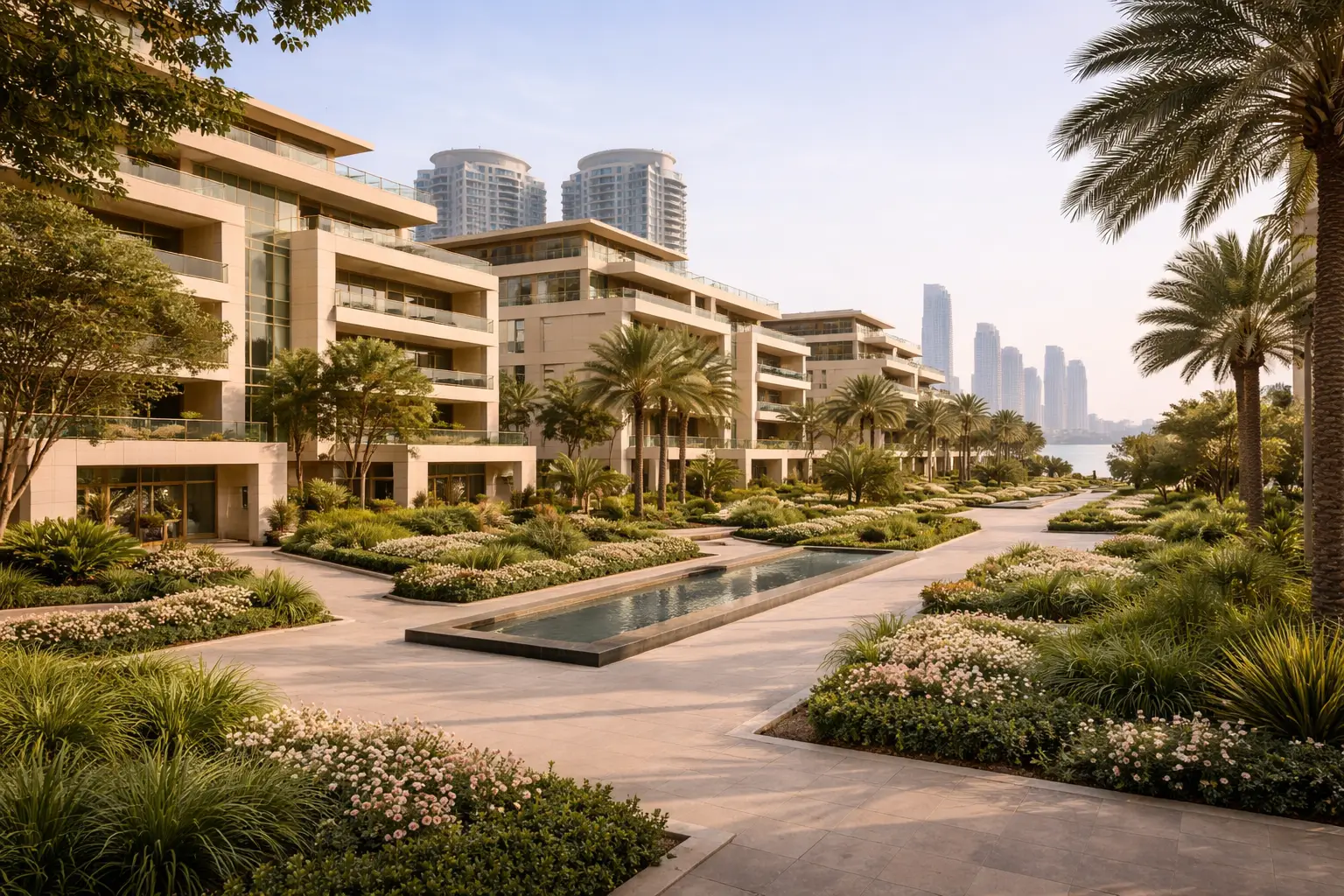 Premium residential community in Abu Dhabi with landscaped walkways and modern apartment buildings