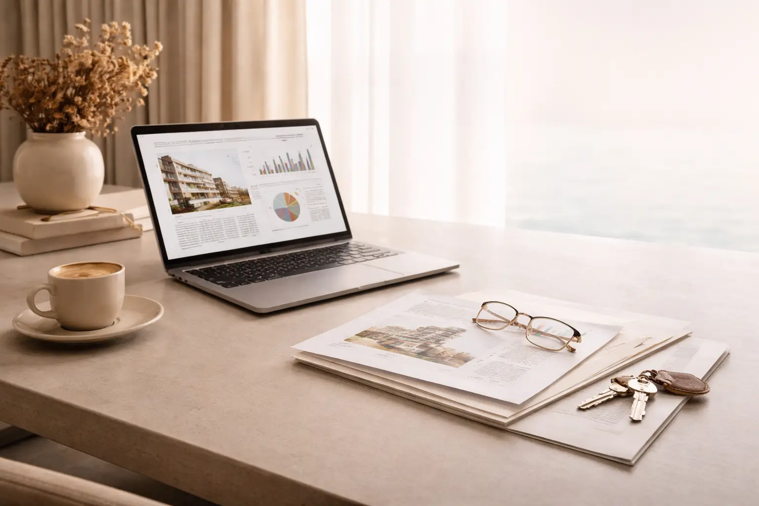 Property market analysis workspace in Abu Dhabi with laptop and documents