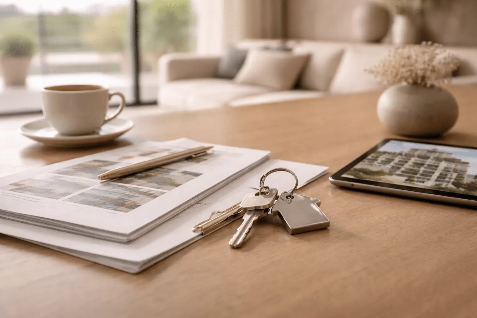 Premium rental guidance concept with keys, documents, and tablet for Abu Dhabi renters