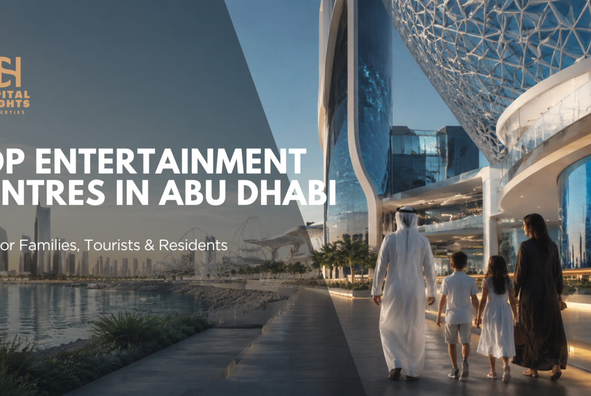 Premium Abu Dhabi entertainment lifestyle scene with a family walking along a waterfront promenade, modern attractions, aquarium-inspired architecture, and city skyline.