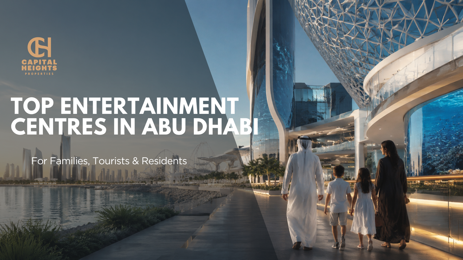 Premium Abu Dhabi entertainment lifestyle scene with a family walking along a waterfront promenade, modern attractions, aquarium-inspired architecture, and city skyline.
