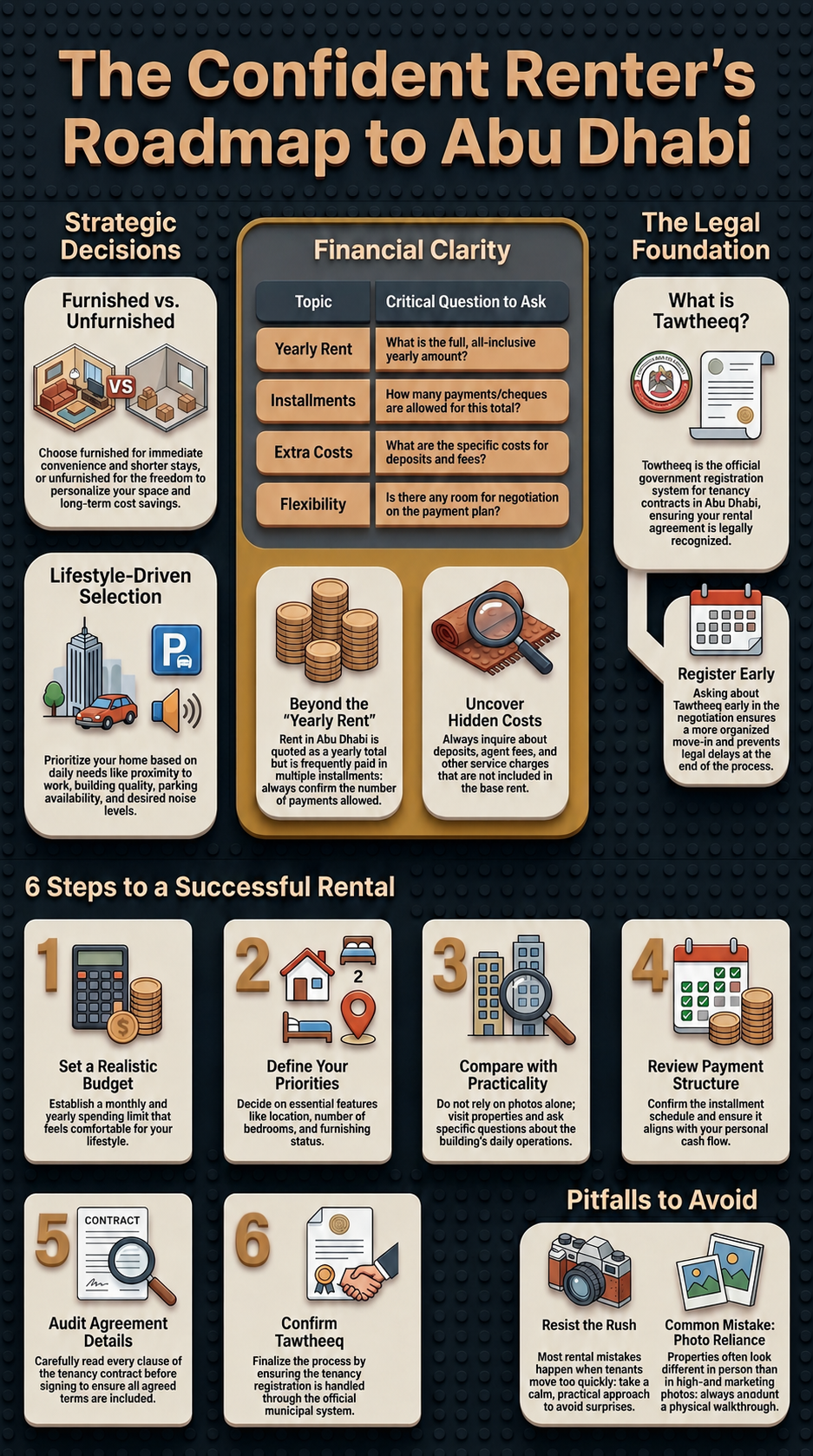 Infographic showing a confident renter’s roadmap to Abu Dhabi, including furnished versus unfurnished choices, financial clarity, Tawtheeq registration, rental steps, and common pitfalls to avoid.